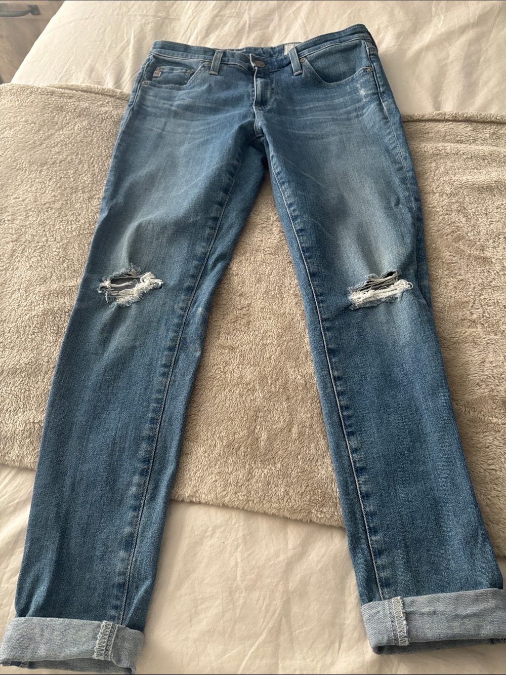 Ag Adriano Goldschmied Distressed Boyfriend Jeans in Blue
